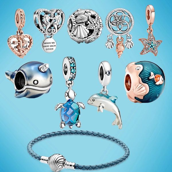 Memnon Jewellery Sommer-Ozean-Serie Perlen baumeln Charms Meeresschildkröte 925 Sterling Silber passend für Bead-Charm-Armbänder im Pandora-Stil, DIY-Schmuckgeschenk