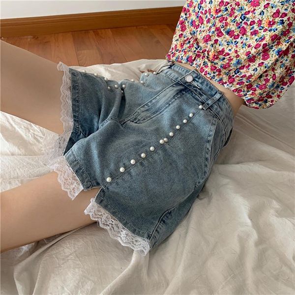 

women's shorts sweet women denim beading lace high waist short harajuku wide legs 2021 summer cotton casual blue jean vintage, White;black