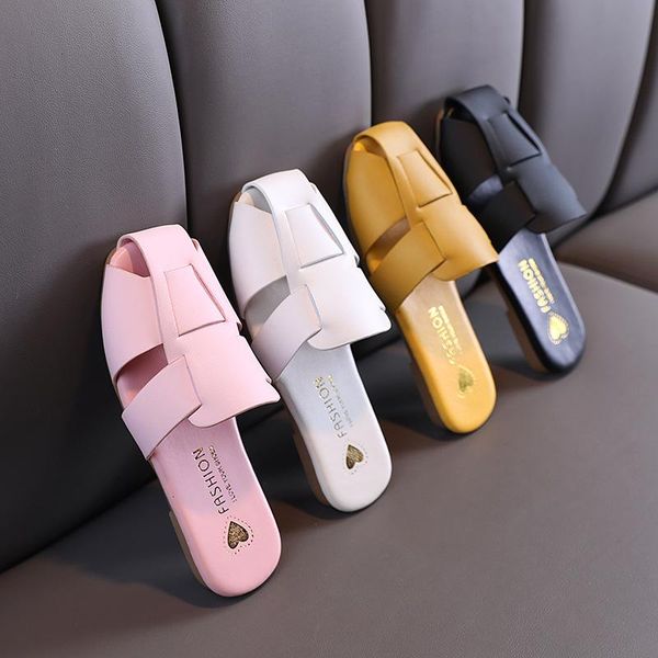 

slipper 2021 summer leather slippers weave children inside shoes girls princess sheos mules cover toe slides household shoe, Black;grey