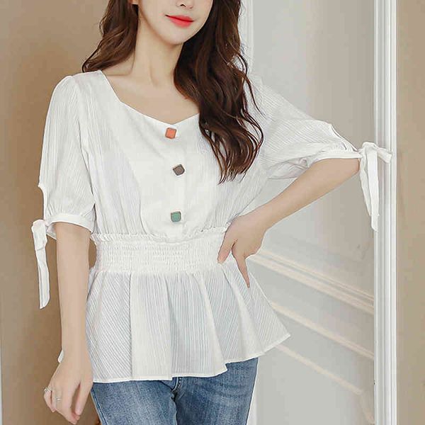 

feminine vintage button up high waist v neck summer cuff bow half sleeve blouse shirt female ruffle white 698j 210420