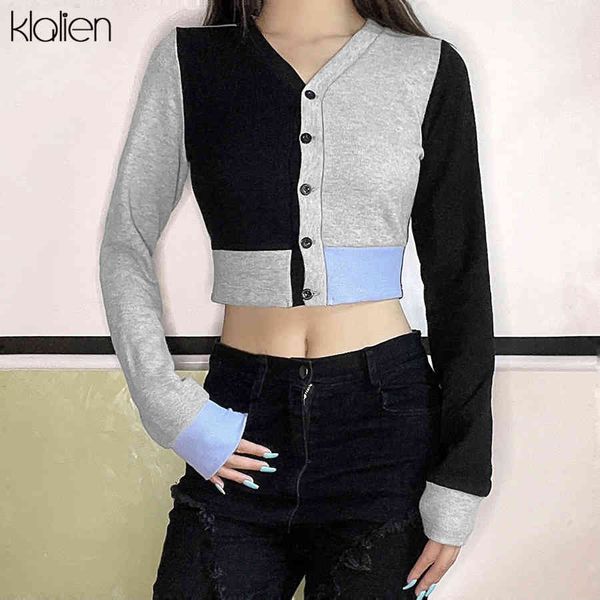

t shirt fashion patchwork rib knit female t shirt spring autumn long sleeve v neck single-breasted cardigan basic wild, White
