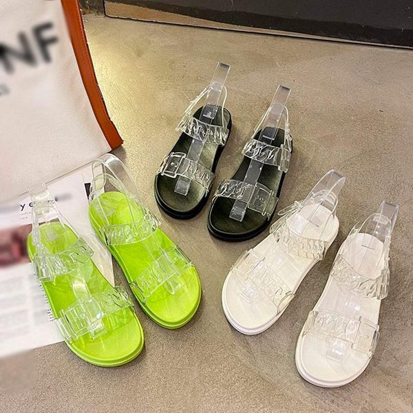 

sandals 2021 summer transparent thick bottom women's outdoor beach wear ladies comfortable flat sole buckles shoes jelly, Black