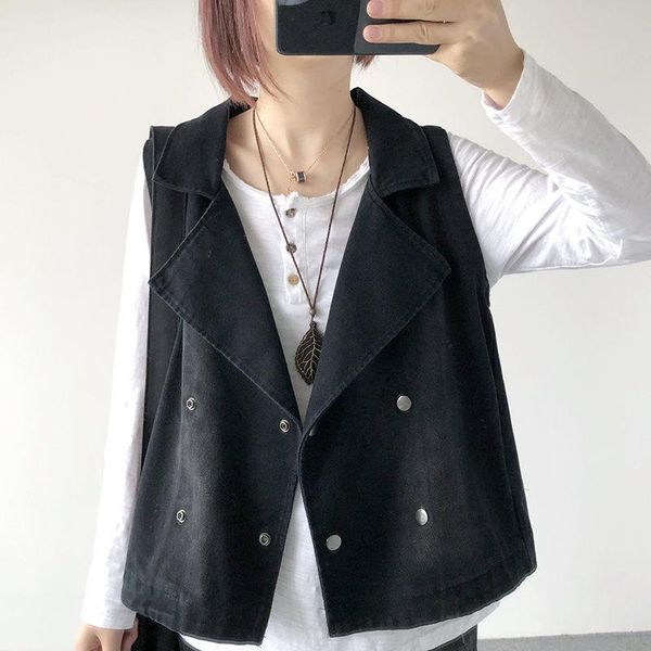 

women's vests denim vest women spring and autumn short waistcoat 2021 loose retro suit collar sleeveless jacket double breasted m104, Black;white