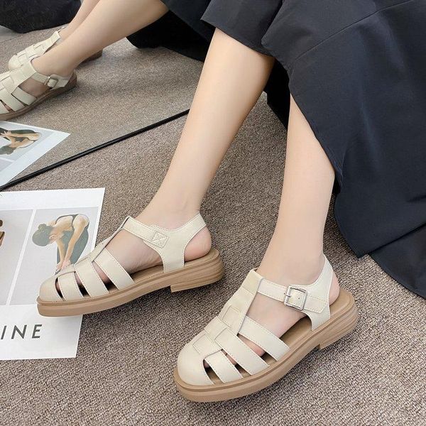 

sandals round toe thick bottom rome mules shoes women black white hollow out weave leather casual beach flat woman