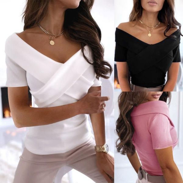 

women's solid color t-shirt v-neck cross wound lapel show thin casual short sleeve rib office street, White