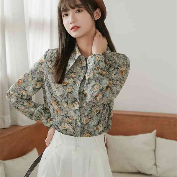 

women's two piece pants vintage floral blouse long sleeve shirt peaked button up collar korean ladies women autumn clothing vh, White