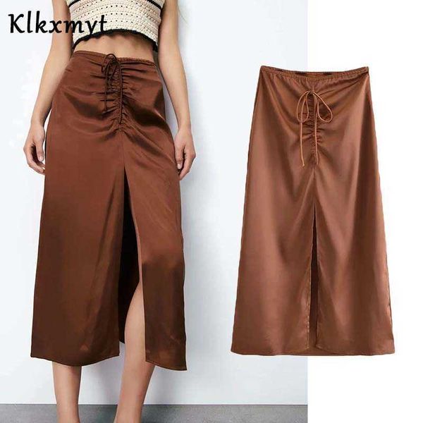 

klkxmyt za skirts women fashion satin lace up summer vintage high waist midi skirt female casual hem split woman 210527, Black