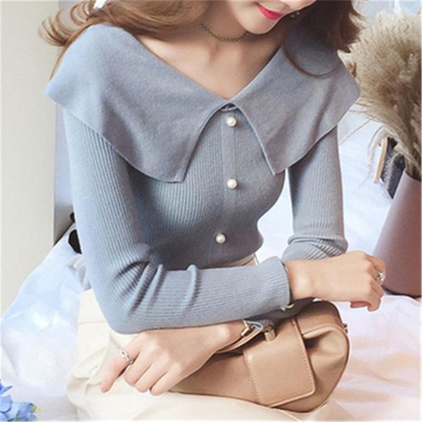 

women's sweaters knit sweater sweet button autumn and winter women temperament slim knitted long-sleeved lapel collar, White;black