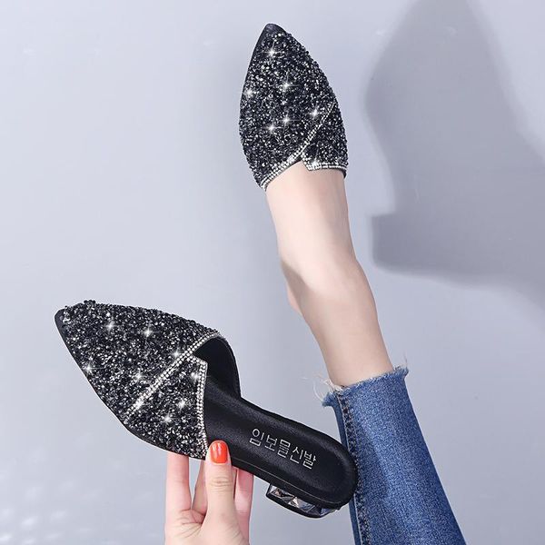 

slippers fashion mules women shoes female crystal bling cover pointed toe low heels elegant casual woman, Black