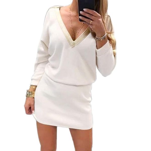 

women v-neck slim loose mini hip dress solid long sleeve elegant casual work esdress fashion evening party dresses, Black;gray