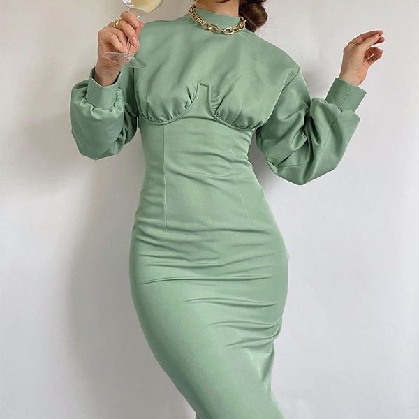 

turtleneck elegant autumn women midi dress solid long sleeve green high waist female dresses fashion ladies vestidos 210518, Black;gray