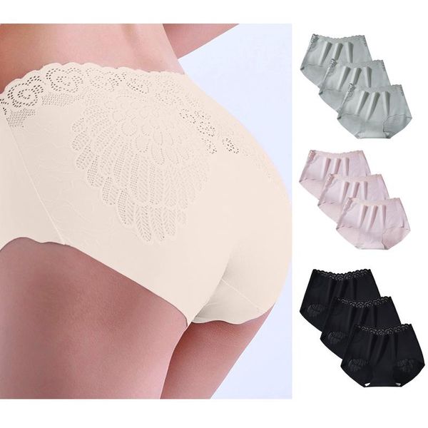 

women's panties 3pcs ice silk non-trace breathable soft lingerie female skin-friendly briefs women lace midwaist solid comfortable, Black;pink