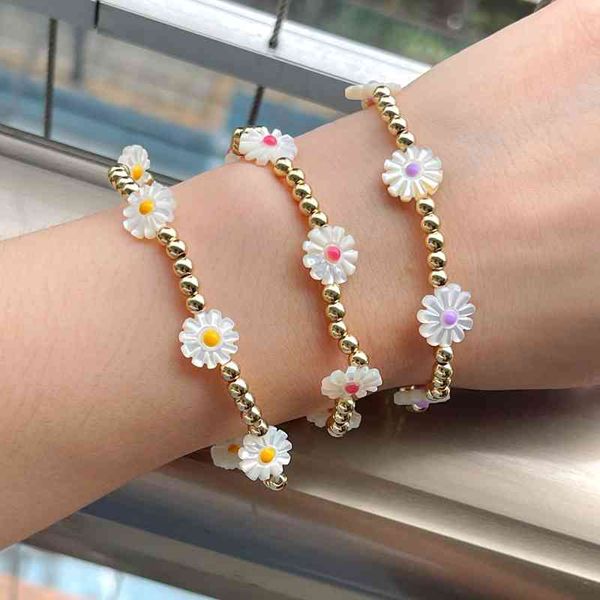 

3pcs fashion women's daisy flower shell beads bracelet gold beaded elastic jewelry summer style, Golden;silver