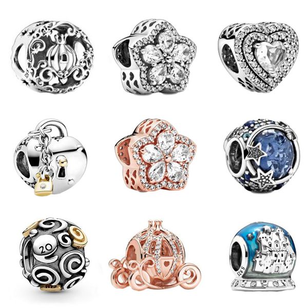 Memnon Jewelry 925 Sterling Silver Sparkling Snowflake Pave Charm Celestial Blue Stars Charms Two-Tone Heart Lock Bead Pumpkin Beads Fit Bracciali Fai da te per le donne