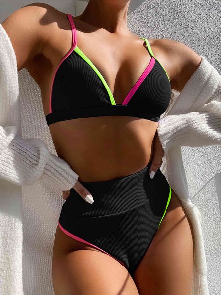 

women's high waist bikini women swimsuit arrival swimwear hollow out print striped bathing suit beachwear biquini female, White;black