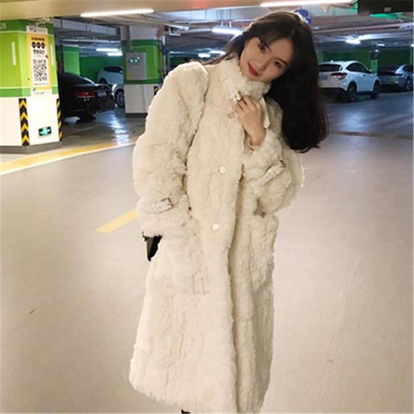 

women's fur & faux 2021 winter lmitate otter coat women fashion stand-up collar thick warm hairy mid-length overcoat female t23, Black