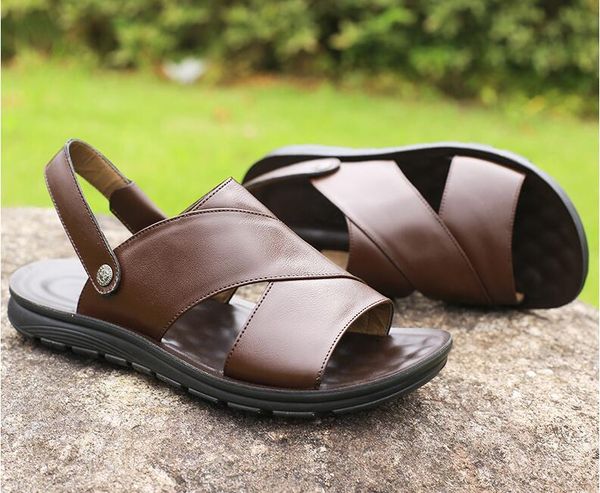 

sandals men leather wear outdoor indoor beach shoes men thick soled antiskid shoes sandals summer one piece, Black