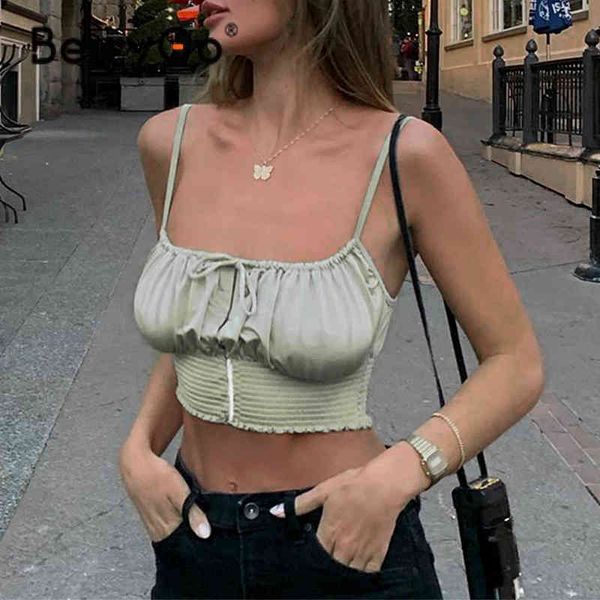 

berrygo lace up party sleeveless crop fashion holiday vacation women camis deep neck summer spaghetti strap tanks 210513, White