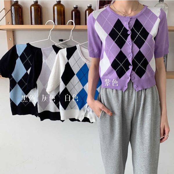 

t-shirt female ins summer bm preppy style diamond plaid hit color women single-breasted knit short sleeve slim tee 210527, White
