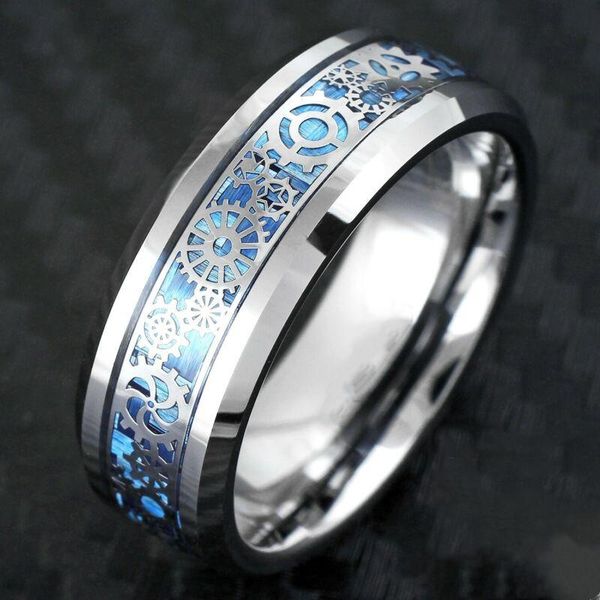 

cluster rings men women tungsten steel wedding ring 8mm with mechanical gear wheel light blue carbon fiber inlay beveled edges comfort fit, Golden;silver