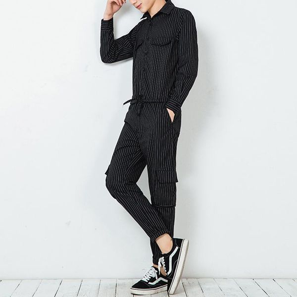 

men's pants spring and autumn big code long sleeve jumpsuit hair stylist fashion night club south korean workwear pants., Black