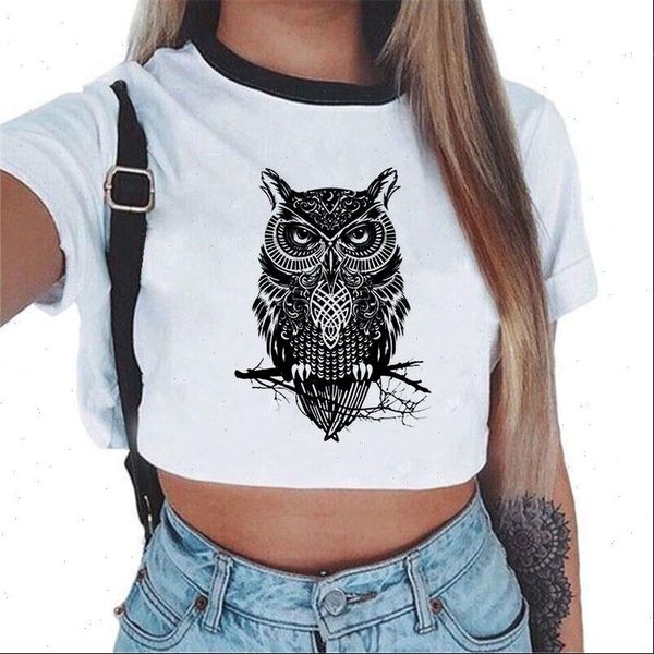 

crop fashion owl womens blouses 3d print short sleeve o neck white blouse