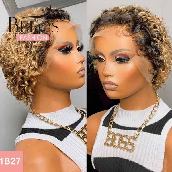

short curly pixie cut colored human hair wigs for black women wig 1b/27 blonde lace frontal closure bob, Black;brown