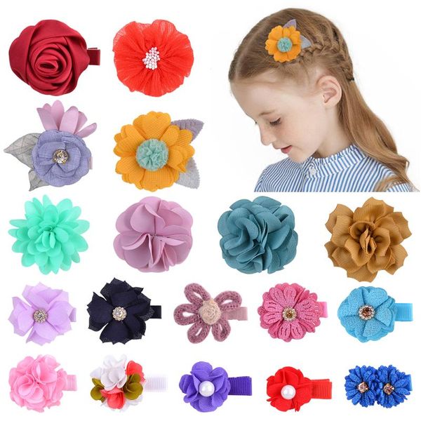 

hair accessories 23colors sweet children cute chiffon flower hairpins rhinestone barrettes clips for kids baby headwear, Slivery;white