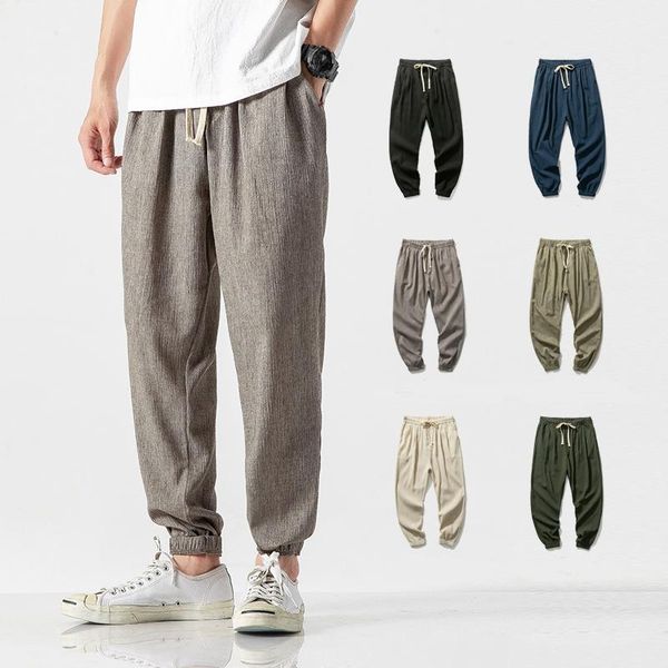 

men's pants chinese style harem jogger trousers men cotton linen sweatpants casual lightweight spring summer joggers streetwear, Black