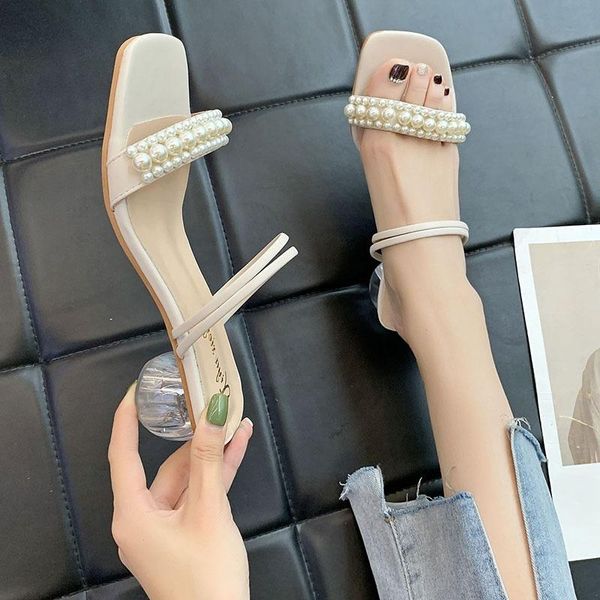 

string bead slippers women summer shoes med square heel pantofle luxury slides jelly flip flops block 2021 designer glitter pu f, Black