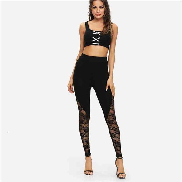 

women leggings high waist black lace ladies floral print side panel cut out plus size s-2xl hollow out see-through