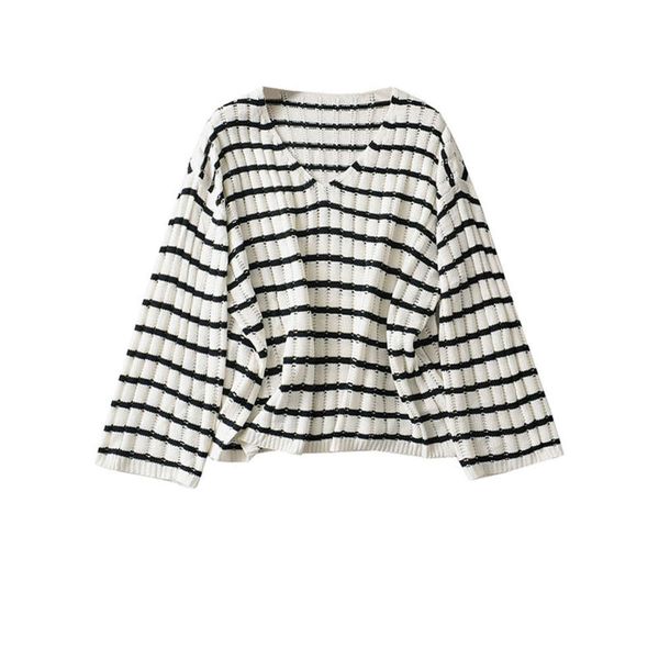 

wind loose stripe v-neck sweater autumn thin long sleeve top, White;black