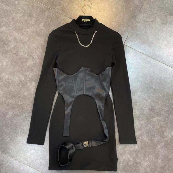 

casual dresses zcsmll 2021 winter stand-up collar and chain decoration long sleeves with waist leg loops handsome tooling plus velvet dress, Black;gray