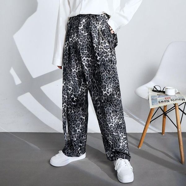 

spring and summer youth loose personality leopard print thin floor pants fashionable casual straight-leg men's, Black