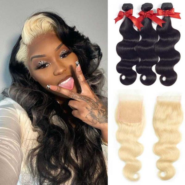 

human hair bulks mixed body wave bundles with closure 613 blonde hd lace brazilian 3/4 30inches, Black