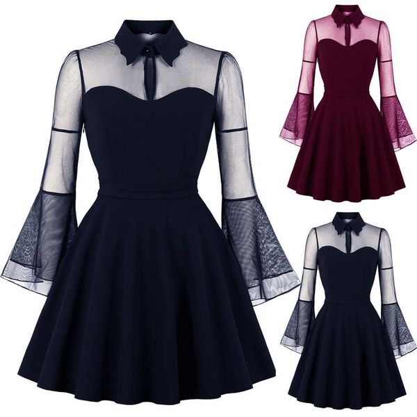 

casual dresses retro women gothic lace dress pure color long sleeve vintage halloween flare stitching vestido, Black;gray