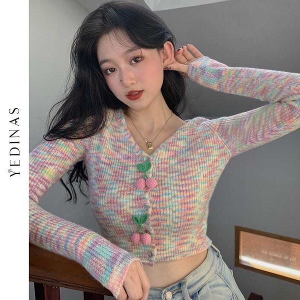 Yedinas Sweet Knitted Cardigans Mulheres Coreano Menina Chique Sweater Arco-íris Cereja Suéteres V-Neck Sexy Casacos Moda Cardigan Mujer 210527