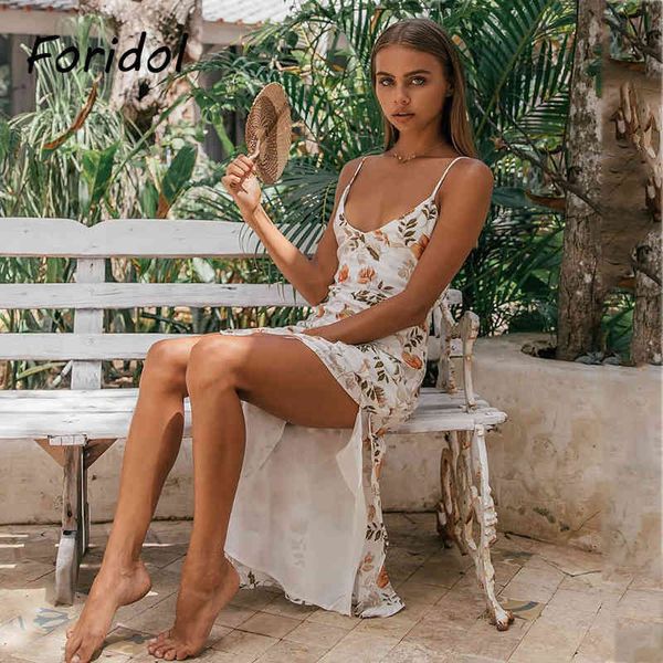 Folha Flor Impressão Branco Verão Praia Vestido Longo Mulheres Spaghetti Strap High Slit Backless Bowknot Maxi Vestido Sundress 210415