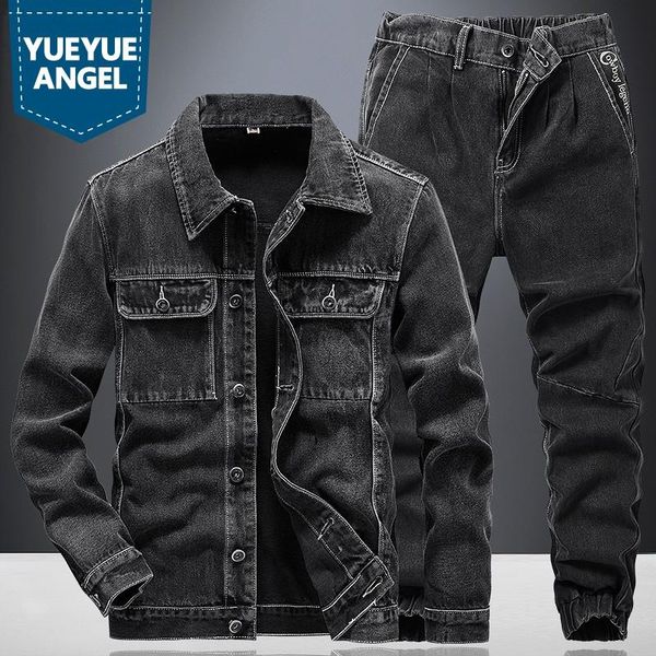 

men's tracksuits brand cowboy jacket men autumn oversize 4xl high street loose black coat zipper jeans two piece set casual trousers su, Gray