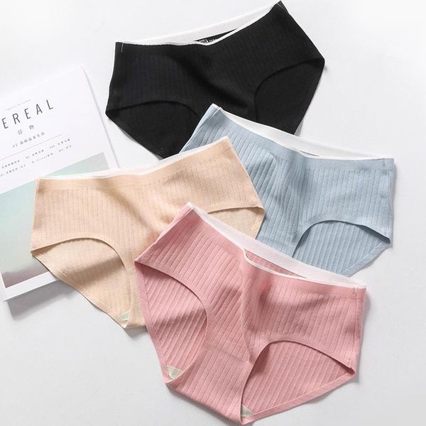 

women's panties 6-color/mid-waist cotton underwear seamless one-piece briefs pure color students simple stripes and comfortable g strin, Black;pink
