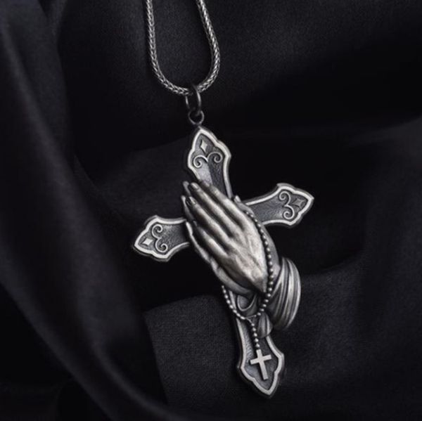 

jesus prayer hand religious style retro necklace, Silver