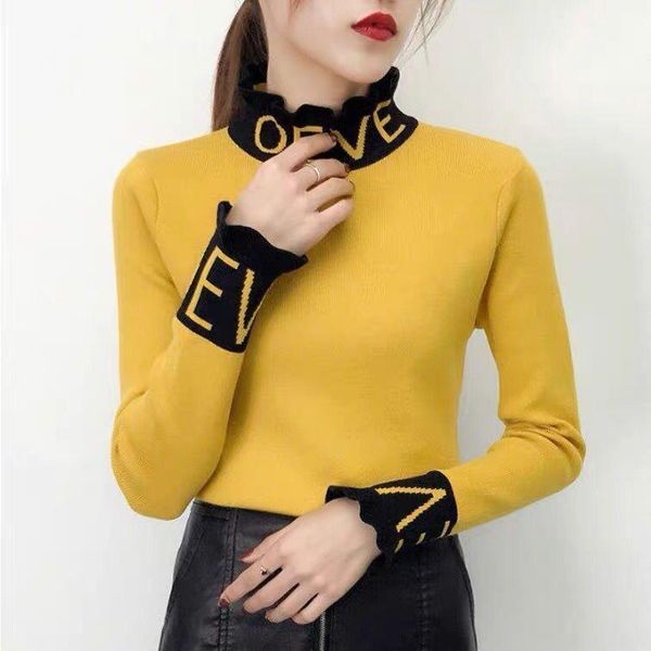 

core yarn, lotus leaf womens sweater collar sweater, autumn and winter, korean version of the ear knit bottoming shirt, White;black
