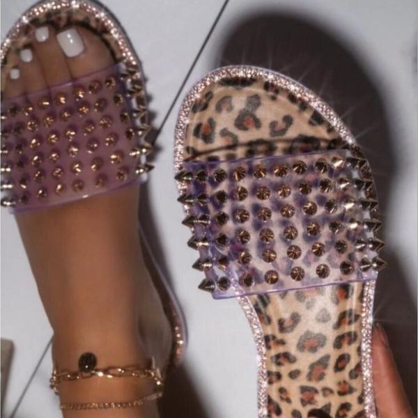 

spring/summer women's leopard print sandals flat-bottomed rhinestone rivet outdoor wild leisure beach ms slippers 4-12, Black