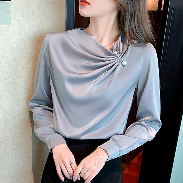 

women's blouses & shirts autumn women blouse shirt 2021 elegant long-sleeved satin chiffon pleated office lady blusa feminina, White