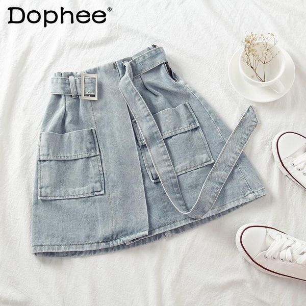 

skirts fashion all-match simple a- line skirt women's summer 2021 korean style denim high waist belt for female, Black