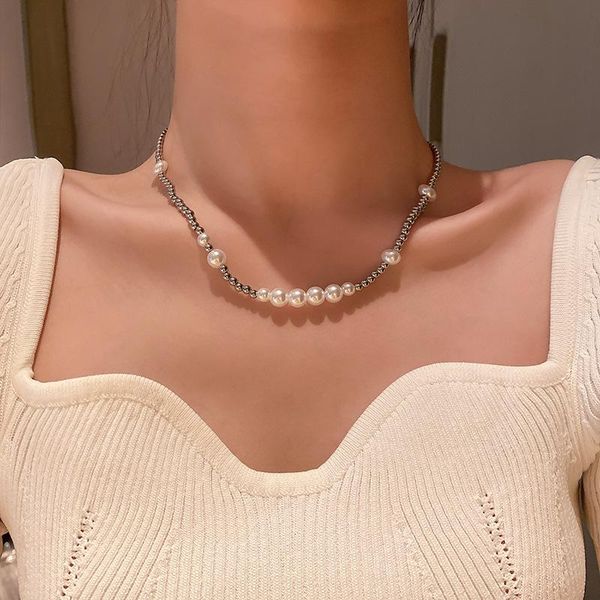 

chains pearl pendant choker necklace collares statement wedding punk boho color chain women jewelry, Silver
