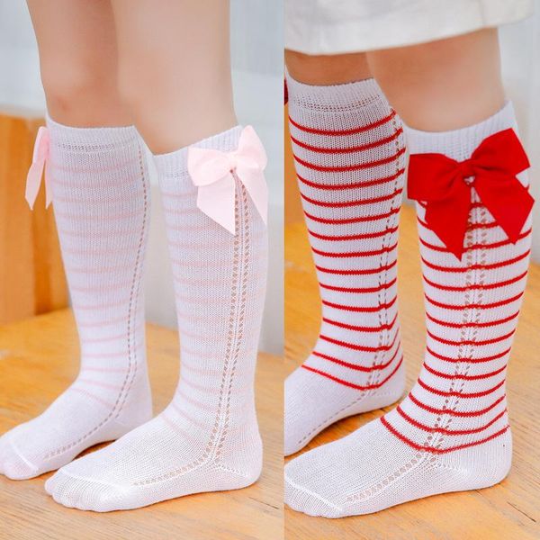 

socks summer autumn baby girls stripe bow long sock kids knee high soft cotton spanish christmas children 0-3 years, Pink;yellow