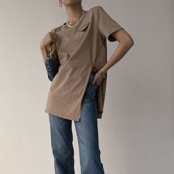 

2021 13 lines spring new minimalist round neck short sleeve triangle scarf design split cotton t-shirt for women, Black;gray