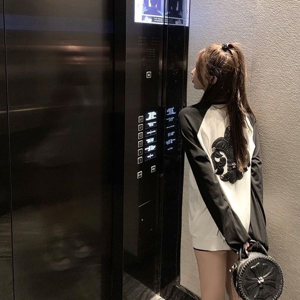 

chrome/heartsembroidery autumn 2021 new student fashion brand croxin loose korean long sleeve t-shirt design, White;black