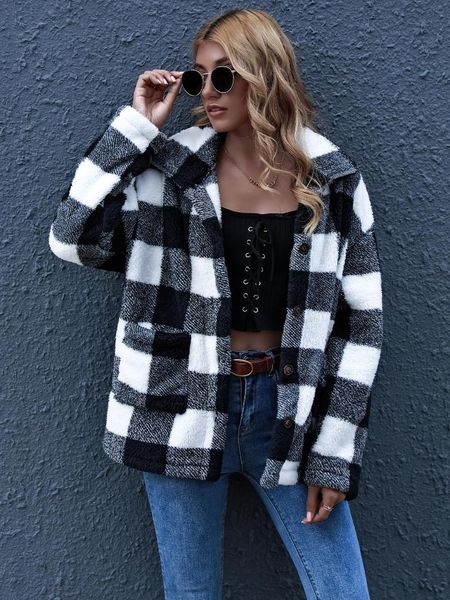 

women's wool & blends ocasional agasalhos long-sleeved plaid jacket loose coat fleece retro elegant streetwear ropa mujer 7131001, Black